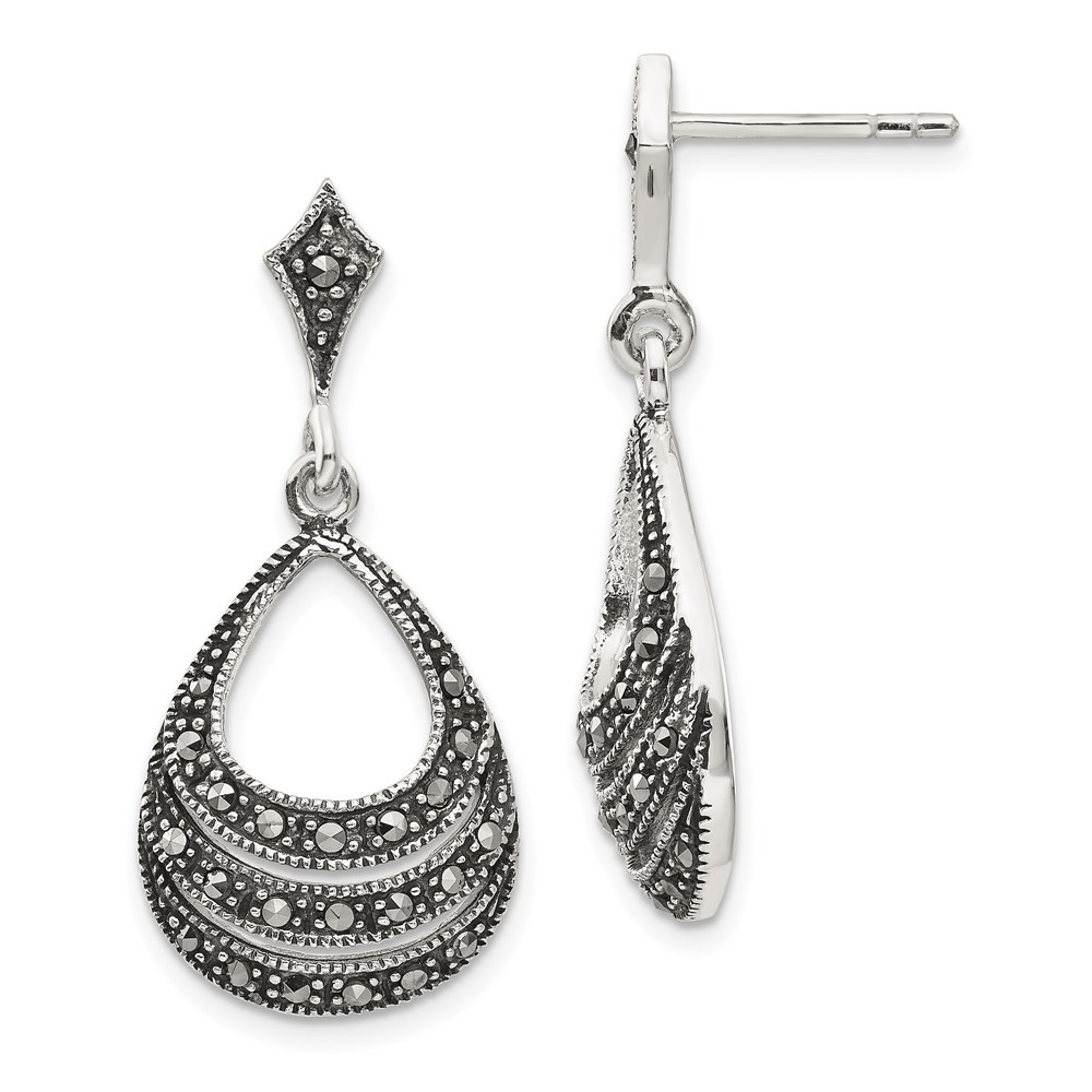 Sterling Silver Textured Marcasite Teardrop Post Drop & Dangle Earrings 2.03gm