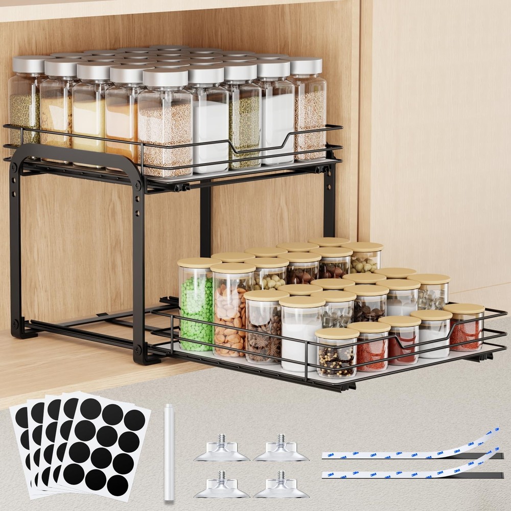 Spice Rack Organizer for Cabinet, 2 Tier Pull Out Spice Rack – Heavy Duty Met...