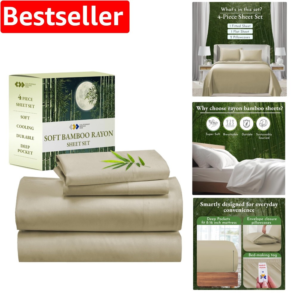 Luxury Cooling Bamboo Sheets King Size 4-Piece Set Beige