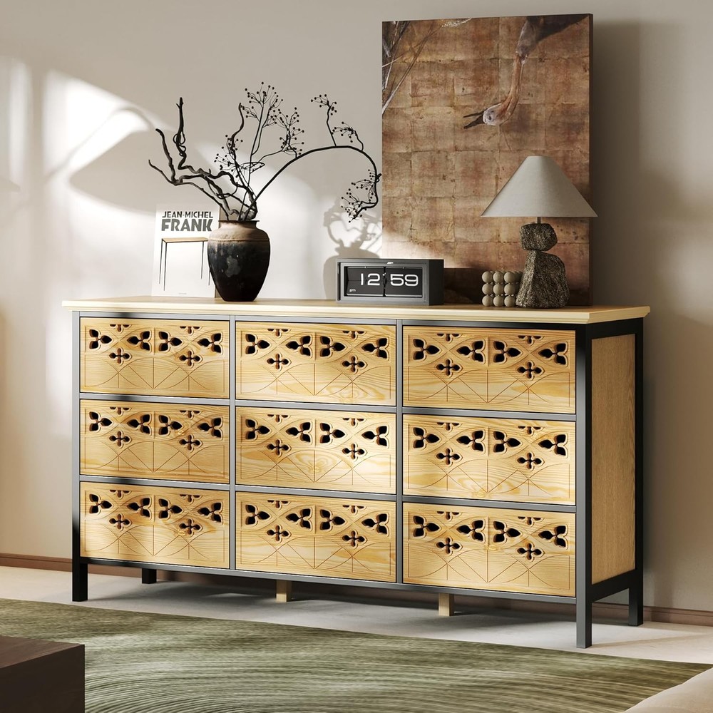 Vintage Wood 9-Drawer Dresser with Hand-Carved Patterns