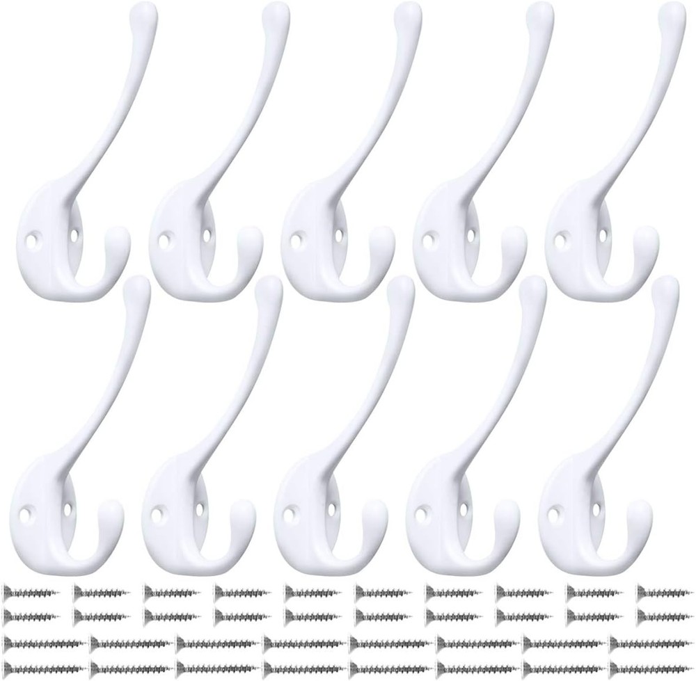 10 Heavy Duty Dual Coat Hooks Wall Mounted Retro White with Screws