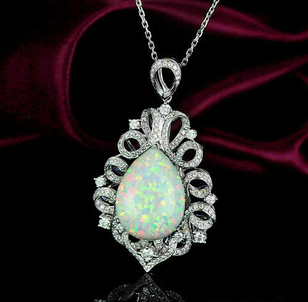 2Ct Pear Lab Created Fire Opal Diamond Teardrop Pendant 14K White Gold Finish