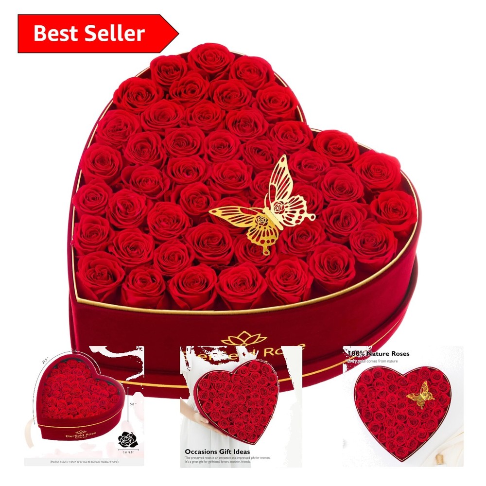 47-Piece Preserved Roses in Heart Box - Lasting Gift for Her Special Moments