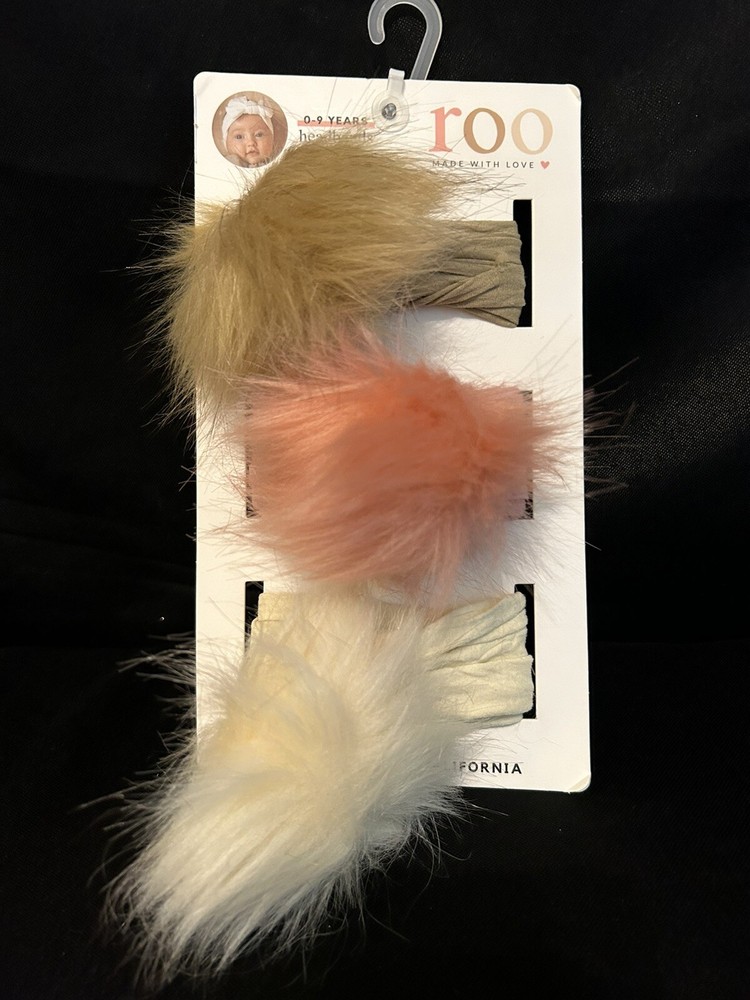 Roo Headbands Baby Girl 0 to 3 Years Set Of Three Brown Pink Cream Pom Pom NWT