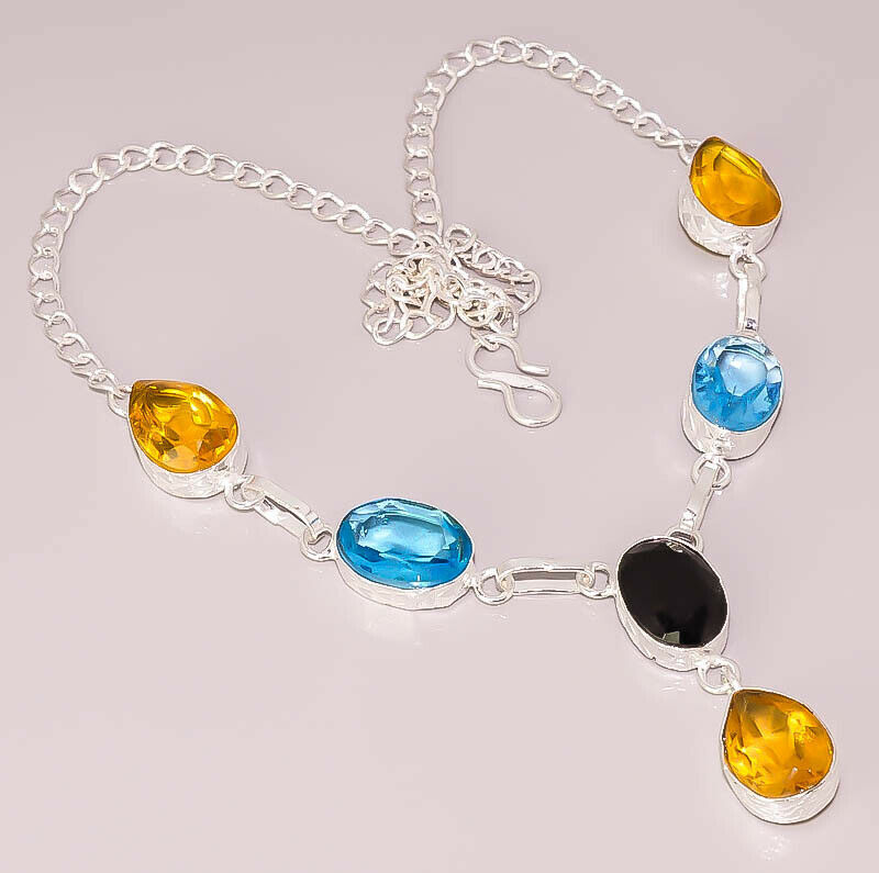 Bright Yellow Citrine Blue Topaz Faceted Quartz Sterling Silver Necklace
