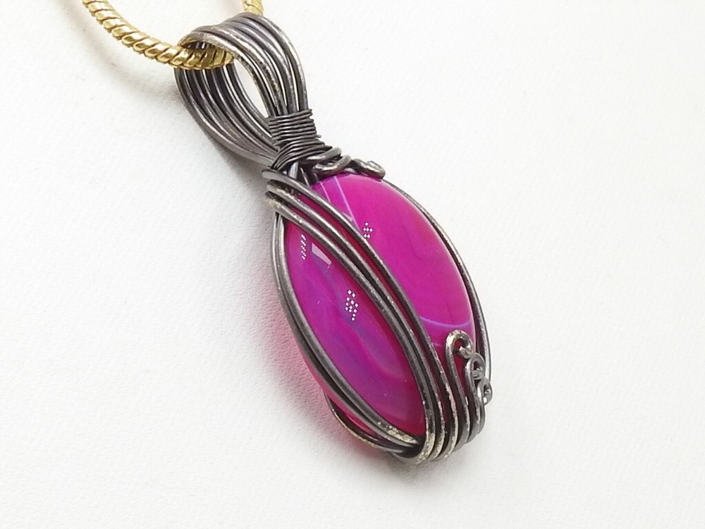 Pink Strip Agate Brass Pendant Silver Oxidised Polished Wire Wrapped Jewelry