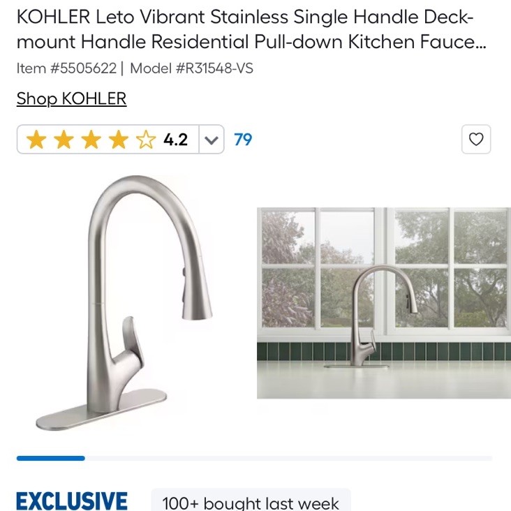 KOHLER Leto Stainless Steel Colored Pull Down Kitchen Faucet with Sprayer