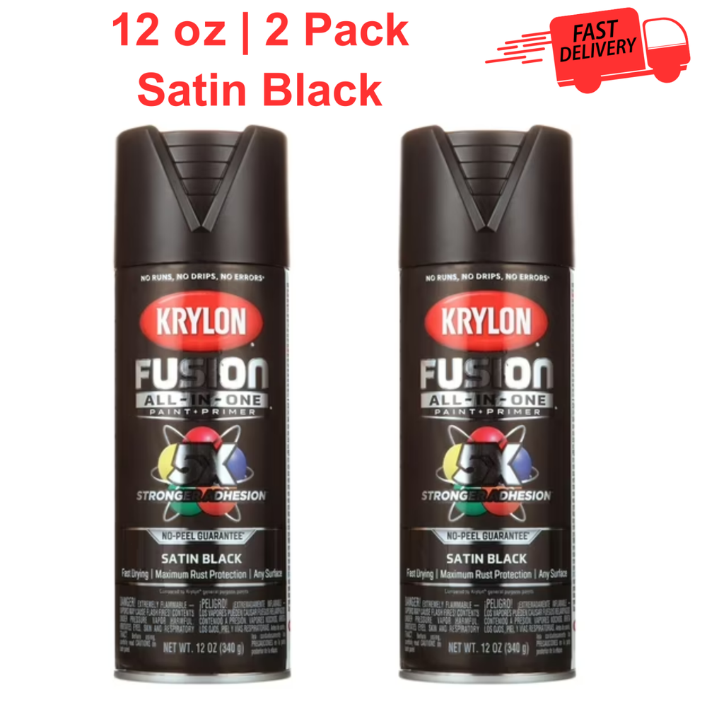 Krylon Fusion All-In-One, Satin Black, 12oz, Excellent Adhesion, Rustproof 2Pack