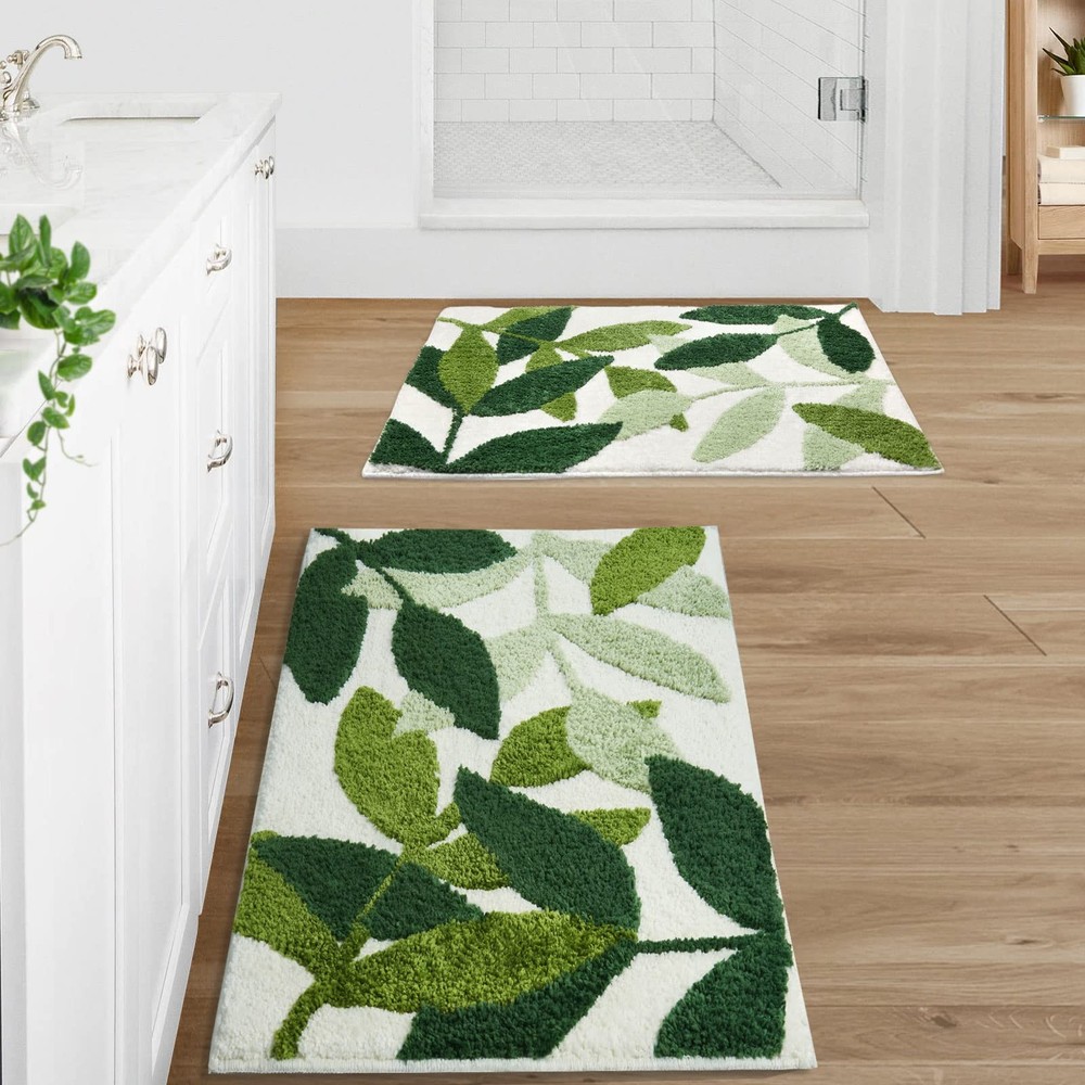 Green Non-Slip Plush Bathroom Rug Set - 2-Piece Super Absorbent Microfiber Mat