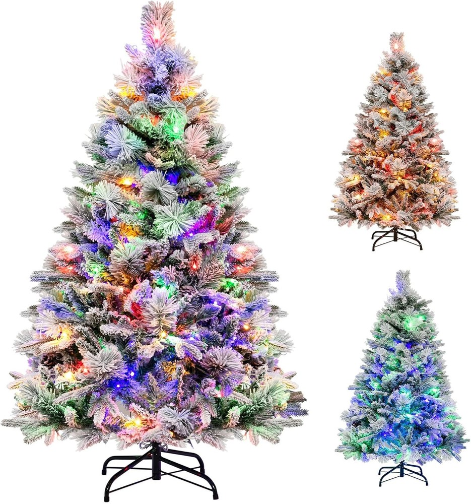 4.5ft/6ft Pre-Lit Snow Flocked Christmas Tree, Hinged Artificial Xmas