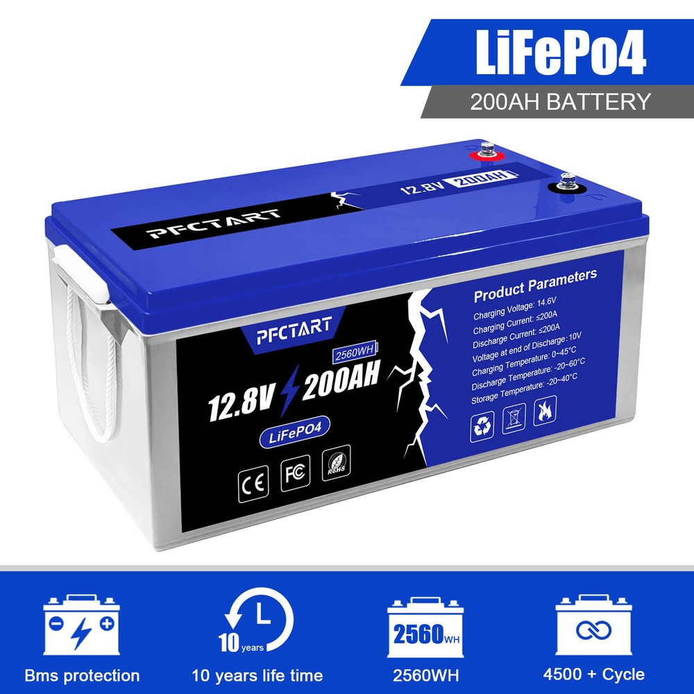 12V 200Ah LiFePO4 Deep Cycle Battery for RV Solar Marine Golf Cart Cars
