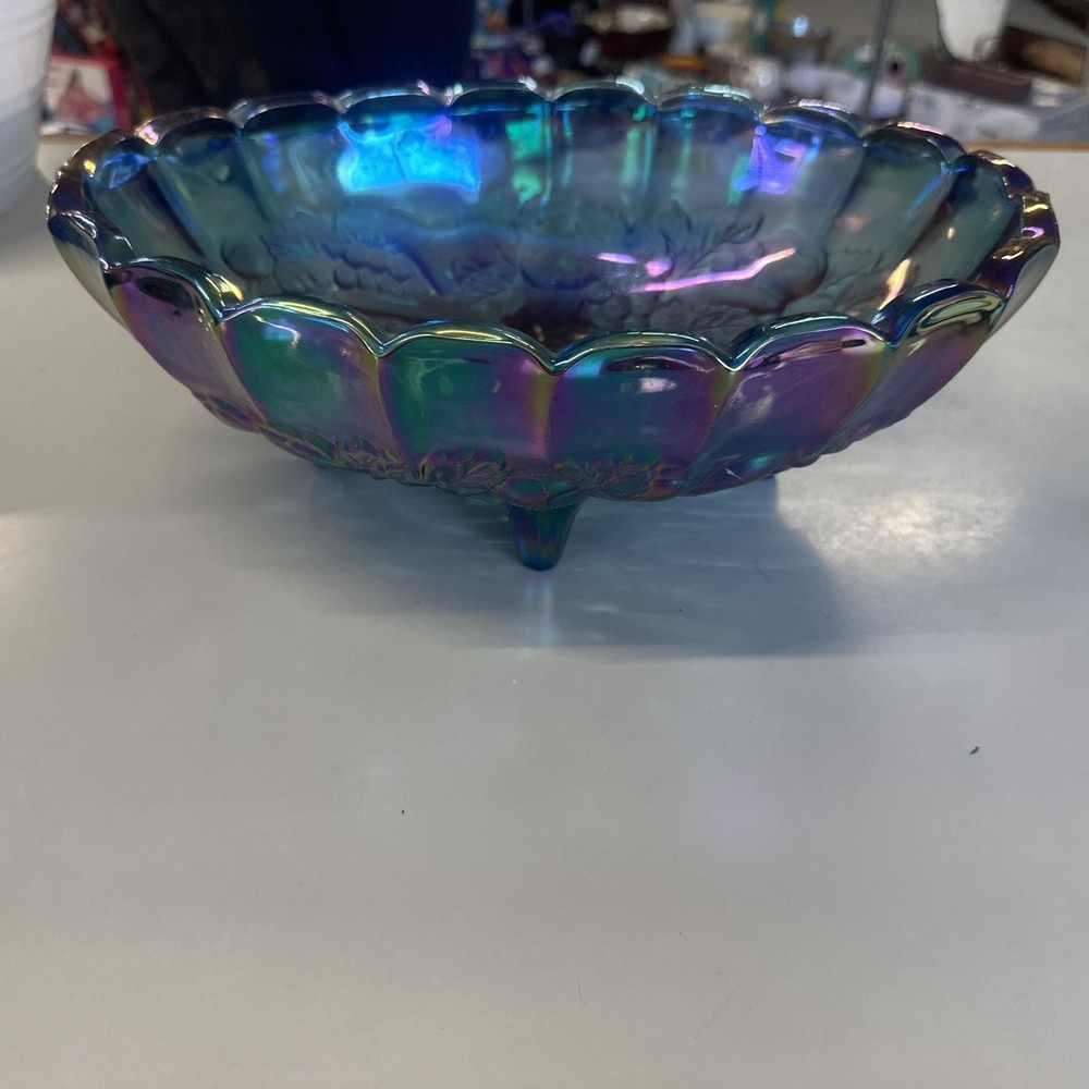 Vintage Iridescent Blue Carnival Glass Fruit Bowl 12” x 8.5” x 4,5