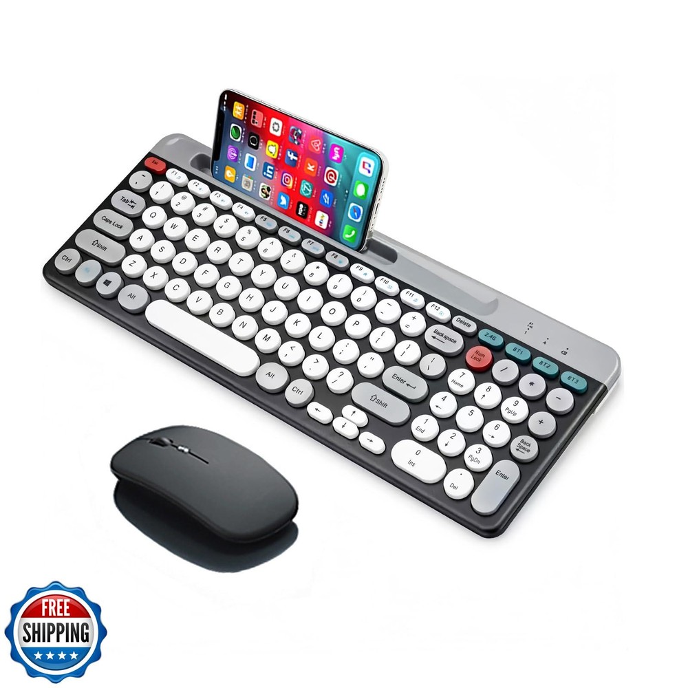 Wireless Keyboard and Mouse Combo with Phone Tablet Holder, Rechargeable Dual