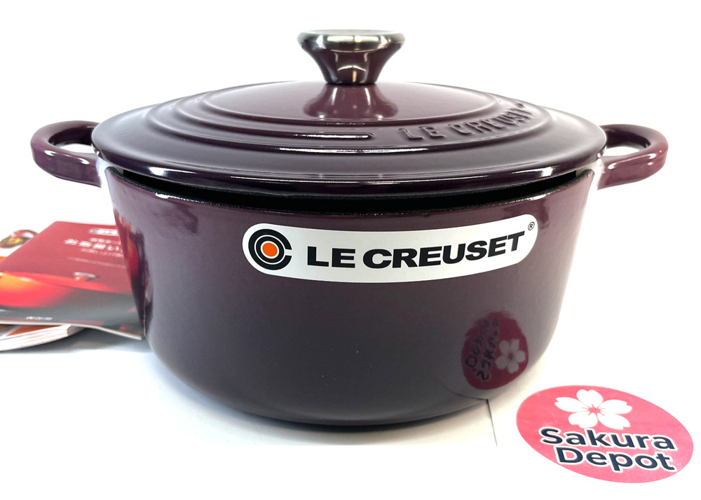 Le Creuset Cocotte Ronde 22cm Fig Cast Enamel Pot Silver Knob Japan New