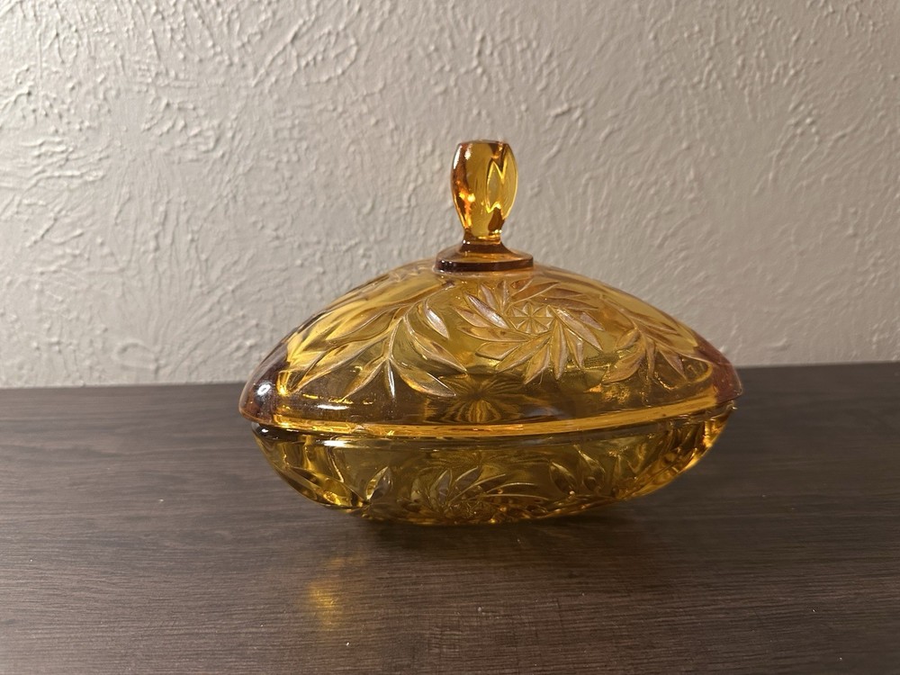 Vintage Amber Indiana Glass Triangle Candy Dish with Lid Pinwheel Design  