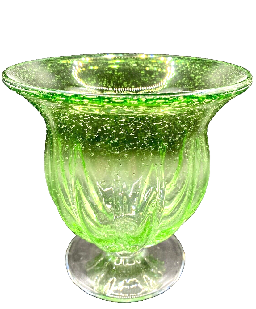 Ribbed Green Blown Glass Urn Vase with Clear Base and Bubbles
