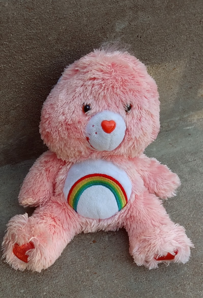 2002 Care Bears Cheer Bear 8 Inch Pink Chenille Plush with Rainbow Tummy