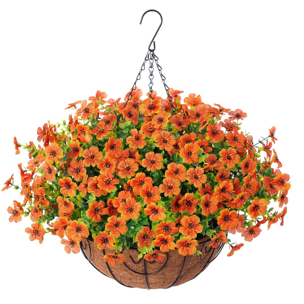 Artificial Fake Fall Hanging Plants Flowers Basket for Outdoor Decor, Faux Si...