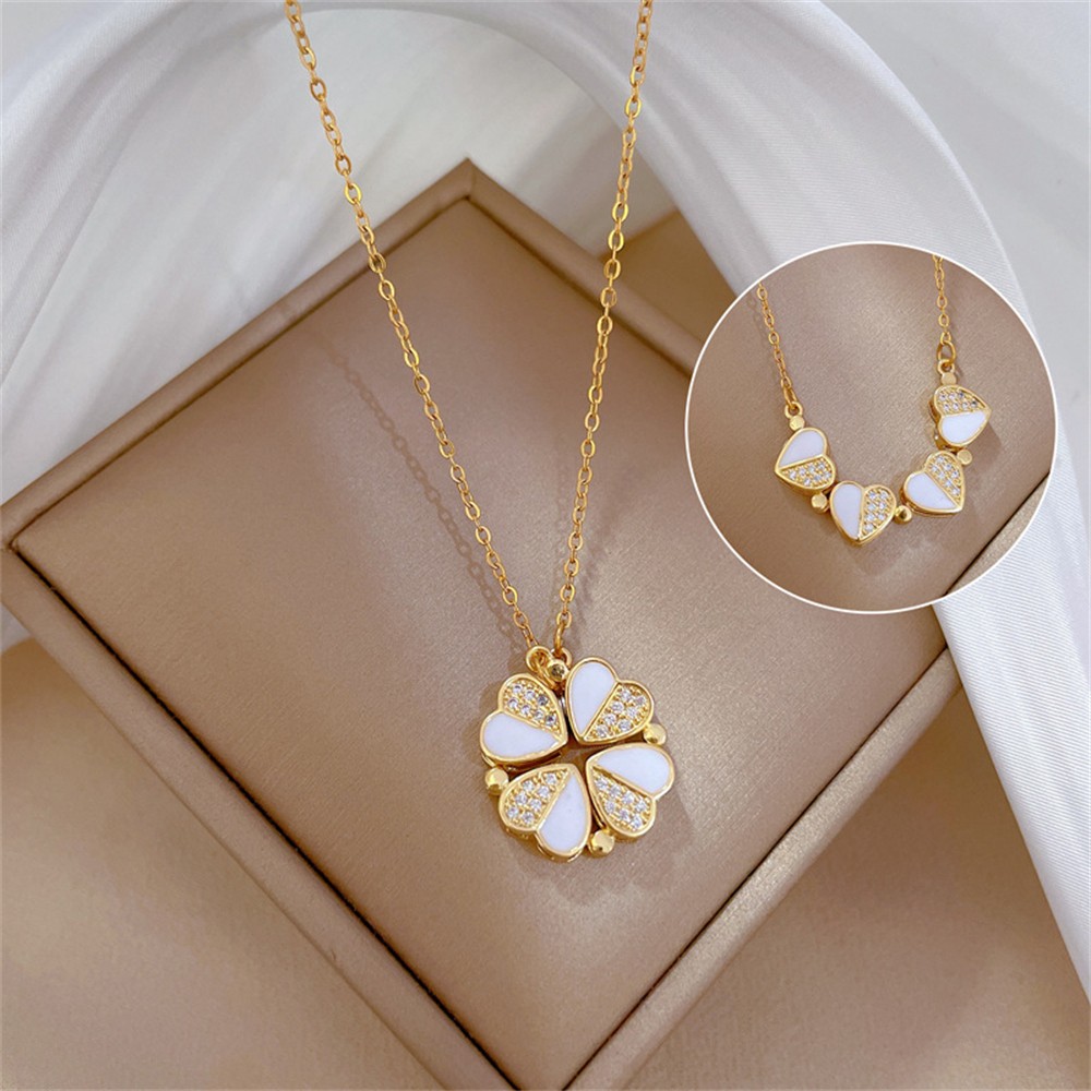 Luxury Four Leaf Clover Pendant Necklace Stainless Steel Crystal Heart Jewelry F