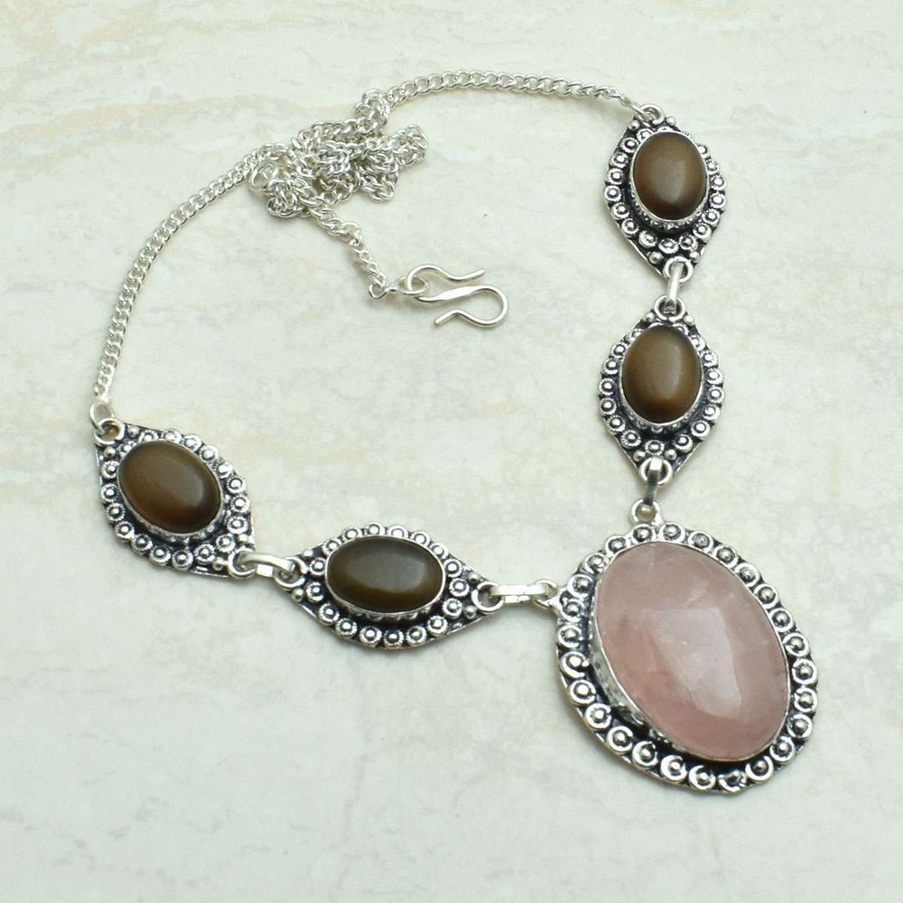 Rose Quartz Cat Eye Gemstone Ethnic Handmade Necklace Jewelry 33 Gms AN 62031