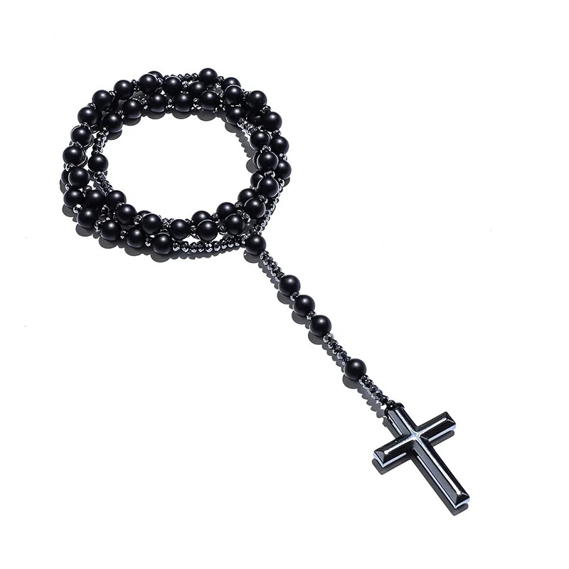 Necklace Rosary Matte Black Onyx Beaded Catholic Christian Cross Pendant Yoga Me