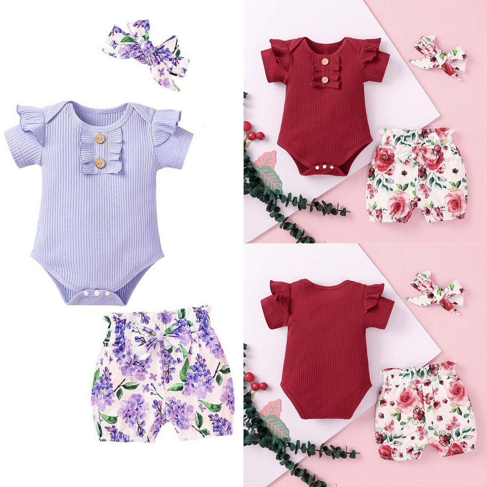 3PCS Newborn Kids Baby Girl Outfits Clothes Romper Bodysuit+ Shorts Pants Outfit