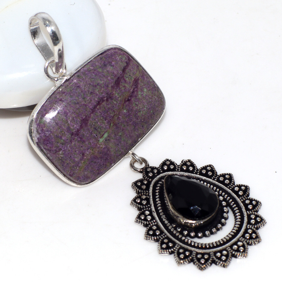 Purpurite Black Onyx 925 Silver Plated New Edition Gemstone Pendant 2.6