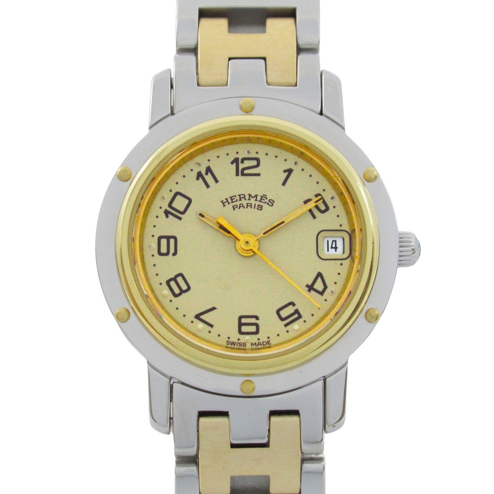 HERMES Clipper Wrist Watch CL4.220 Quartz Gold Plated Stainless Steel Used Women