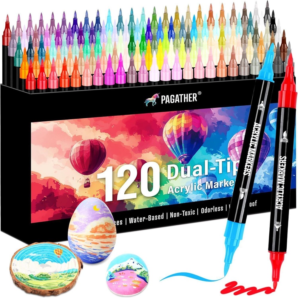 120-Color Dual-Tip Acrylic Paint Markers with Fine & Brush Tips