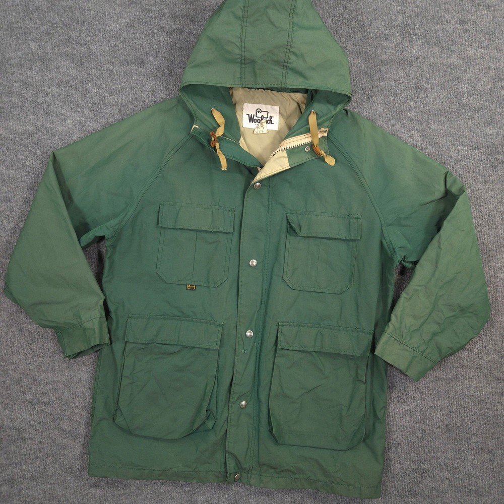 Vintage Woolrich Parka Jacket Mens M Spruce Green Hooded Lined Utility Pockets