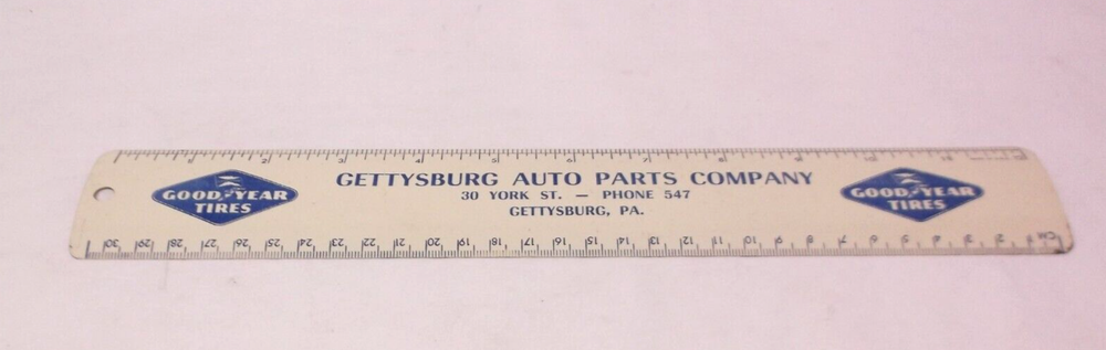 Vintage Gettysburg Auto Parts Company Goodyear Tires Metal Ruler Gettysburg Pa