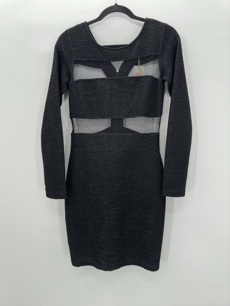 BCBGeneration Black Bodycon Mesh Cut Out Long Sleeve Dress Textured Size 6 NEW