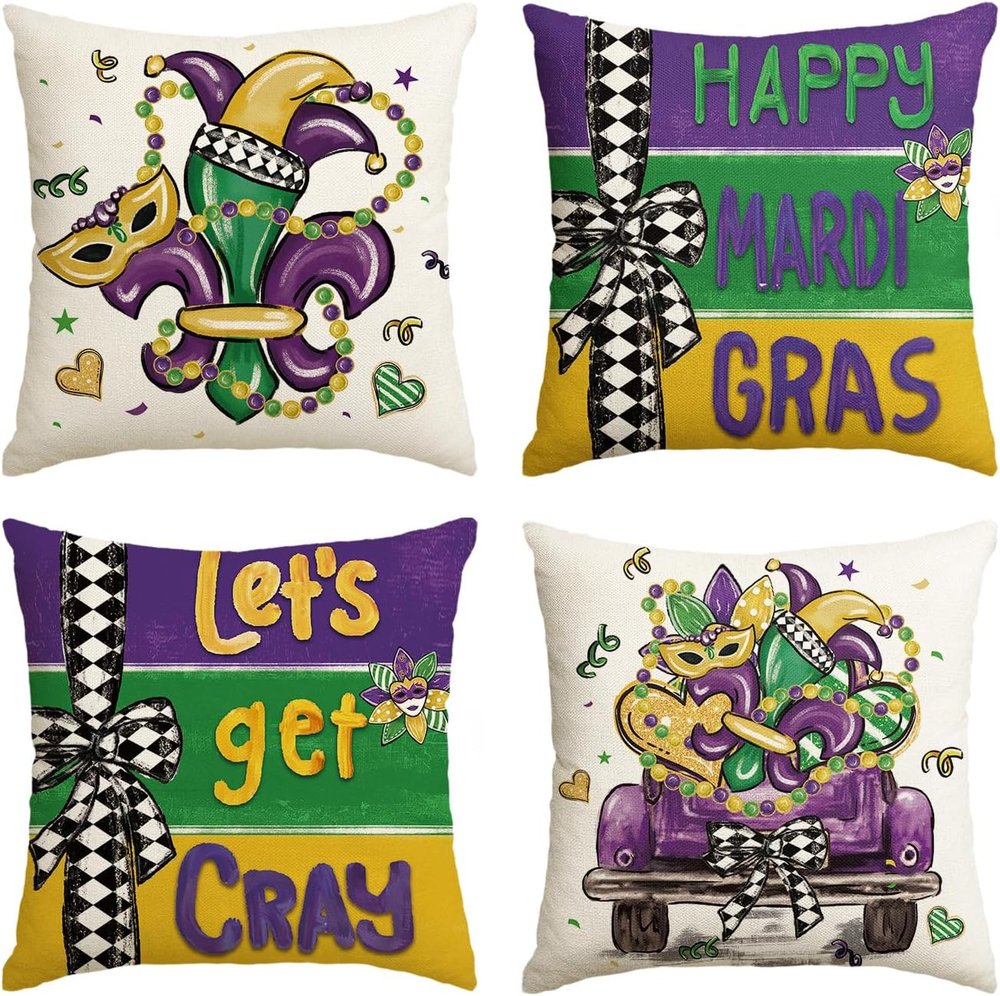 Happy Mardi Gras Beads Fleur De Lis Lets Get Cray Throw Pillow Covers, 18 X 18 I