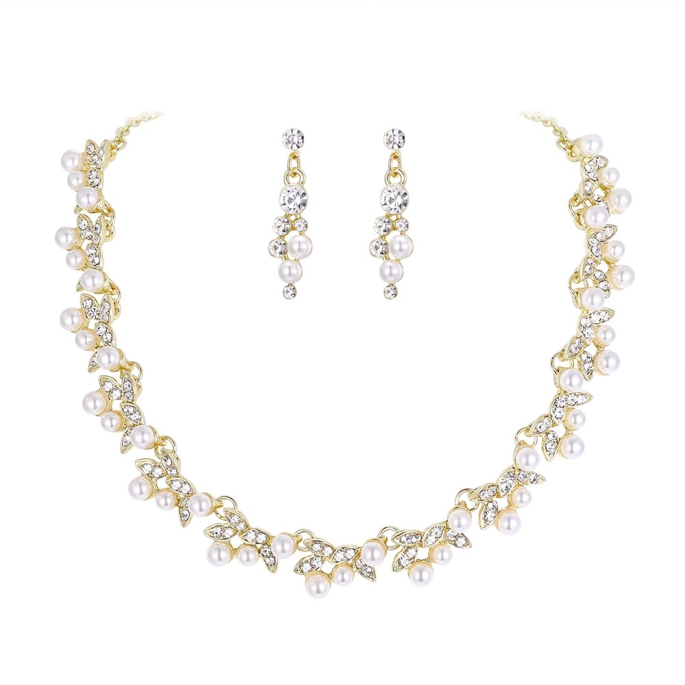 EVER FAITH Ivory Simulated Pearl Floral Wedding Jewelry Set with Austrian Crystals
