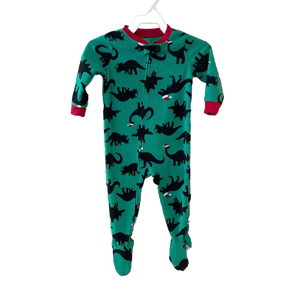 Boy’s Long Sleeve Footed Pajamas Green Dinosaur with Red Santa Hat Carter’s 18M