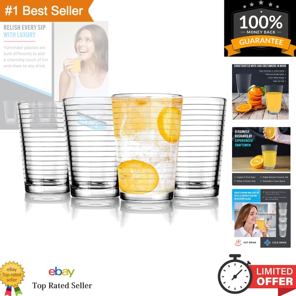 Ribbed Clear Glass Tumblers - 4 Piece 7 oz Set, Dishwasher Safe and BPA Free