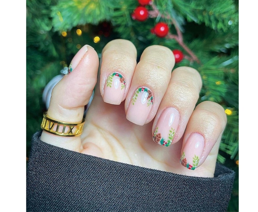 Christmas Medium Square French Tip Press On Nails with Poinsettia Design 24 Pcs