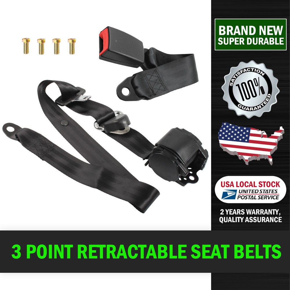 Retractable Black 3 Point Safety Seat Belt Car Auto Vehicle Adjustable Belt Kit