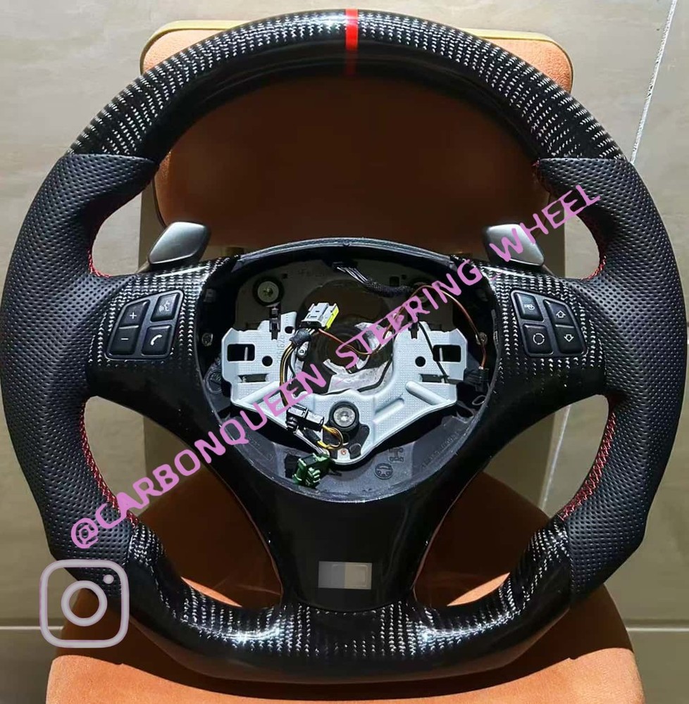 REAL CARBON FIBER Steering Wheel FOR BMW E90E92E82E87 RED STRIPE W/BLACK LEATHER