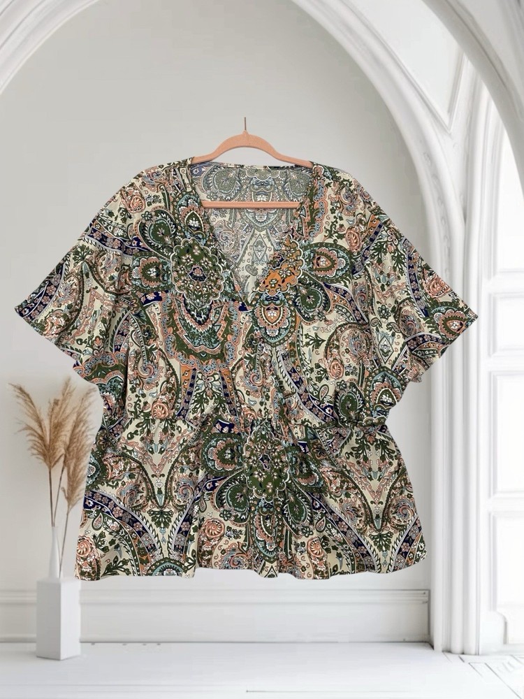 Women’s Paisley Print Faux Wrap Peplum Top US Size 20 Flutter Sleeve Boho Chic