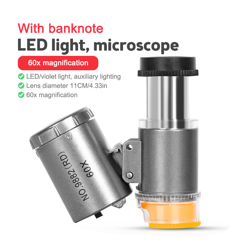 60X Mini LED UV Illuminated Pocket Microscope Loupe for Jewelry Coin Currency