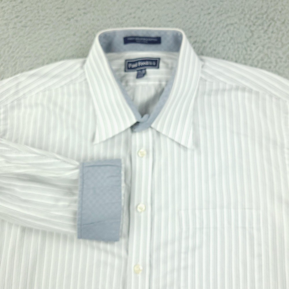 Paul Fredrick Shirt Mens 17.5-33 White Gray Stripe Trim Fit Long Sleeve