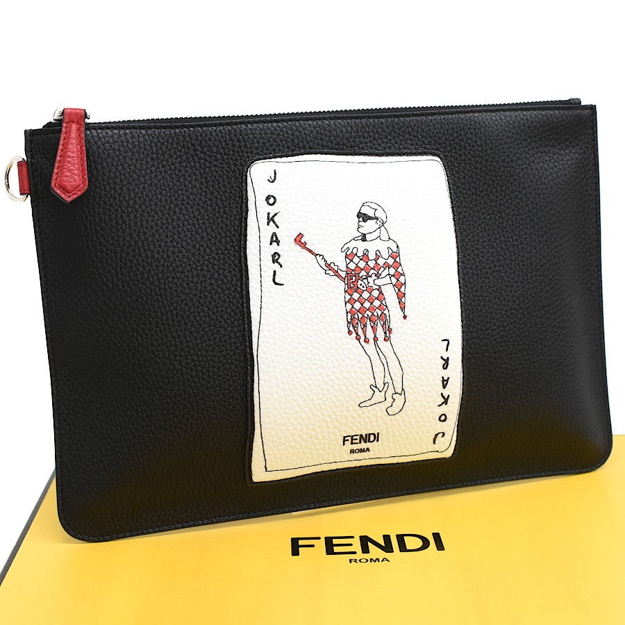RARE FENDI Karl Lagerfeld Black White Leather Clutch Bag Pouch 7N0078 FEN
