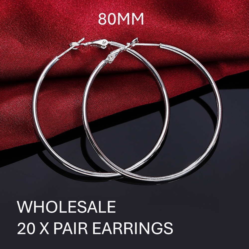 Wholesale 20 x 925 Sterling Silver plt Hoop Earrings Large Hooped Sleeper 80mm