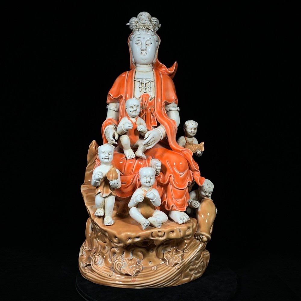 Antique Chinese Dehua Kiln 21 Inch Five Children Kwan-yin Figurine