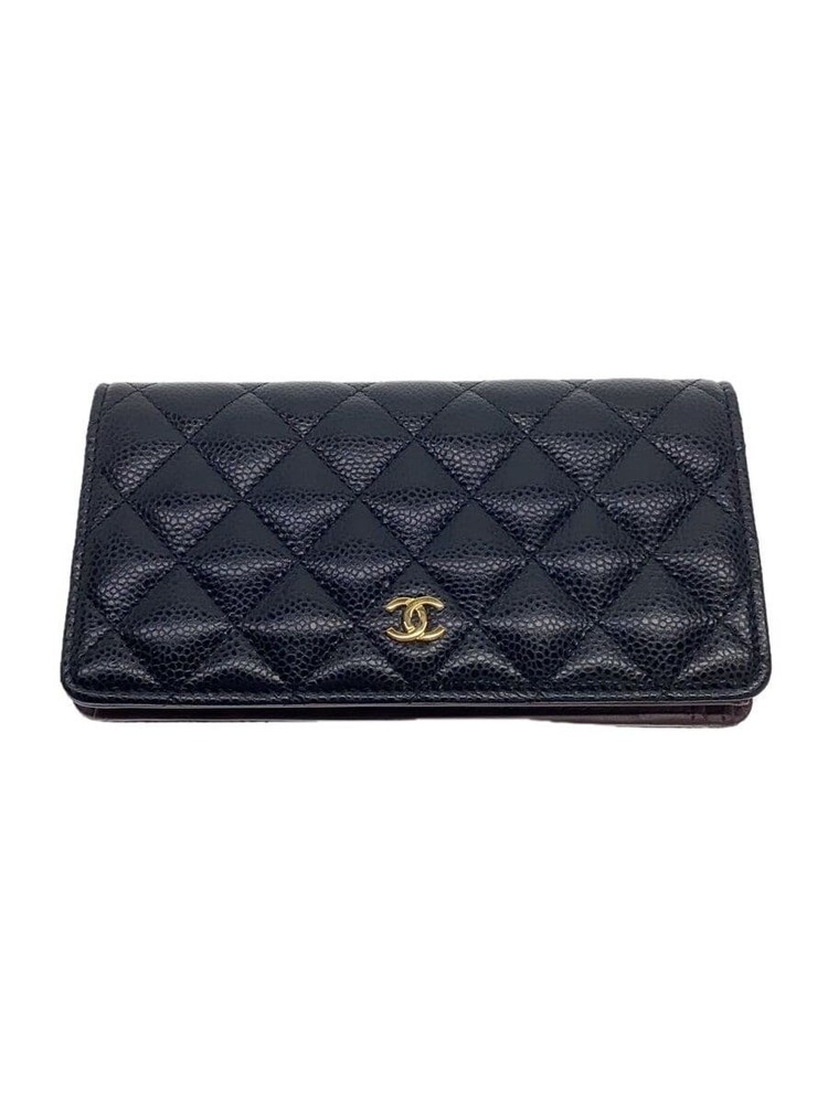 CHANEL Caviar Leather Bifold Long Wallet Gold CC Black Pre-Owned F/S