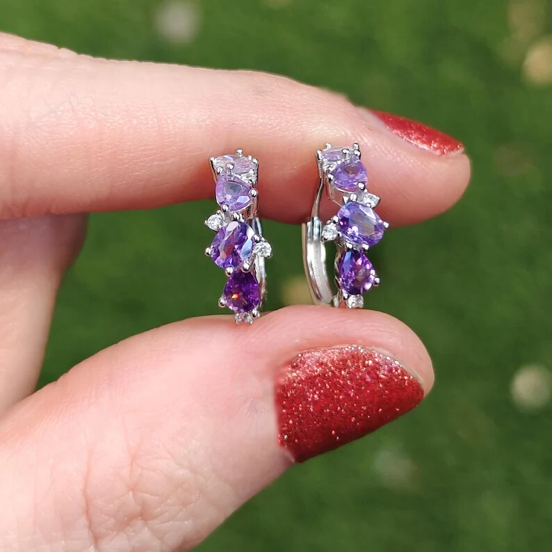 2.24 Ct Oval Simulated Amethyst 14k Gold Plated Dainty Hoop Earrings