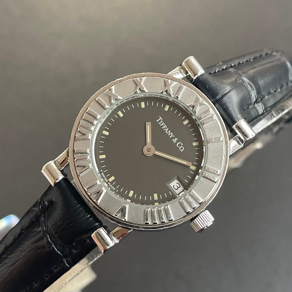 Tiffany Co Atlas Round Silver Classic Black Watch Authentic 2411Ti20