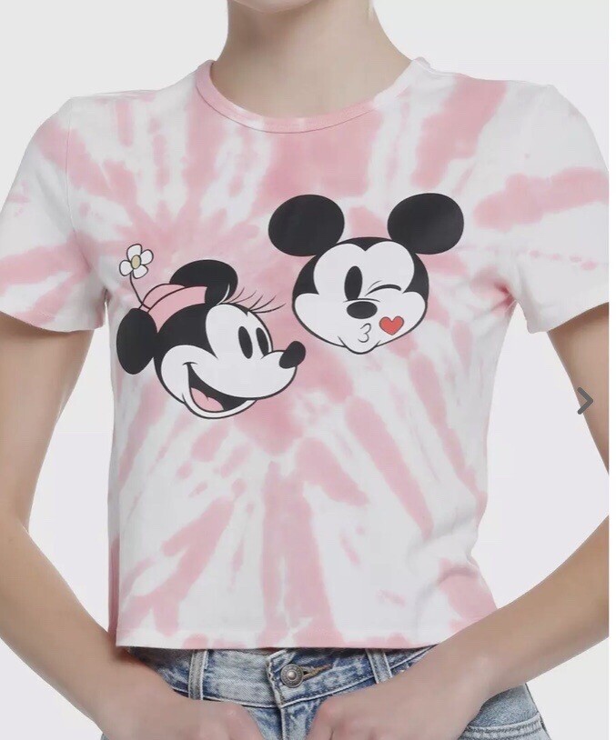 Disney Her Universe Mickey Minnie Kiss Tie Dye Crop Women T-Shirt Pink Medium