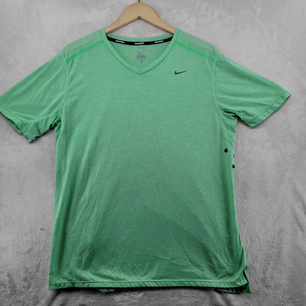 Nike Dri-Fit Running Men's Size L Solid Green S/S Vented Athletic V-Neck T-Shirt